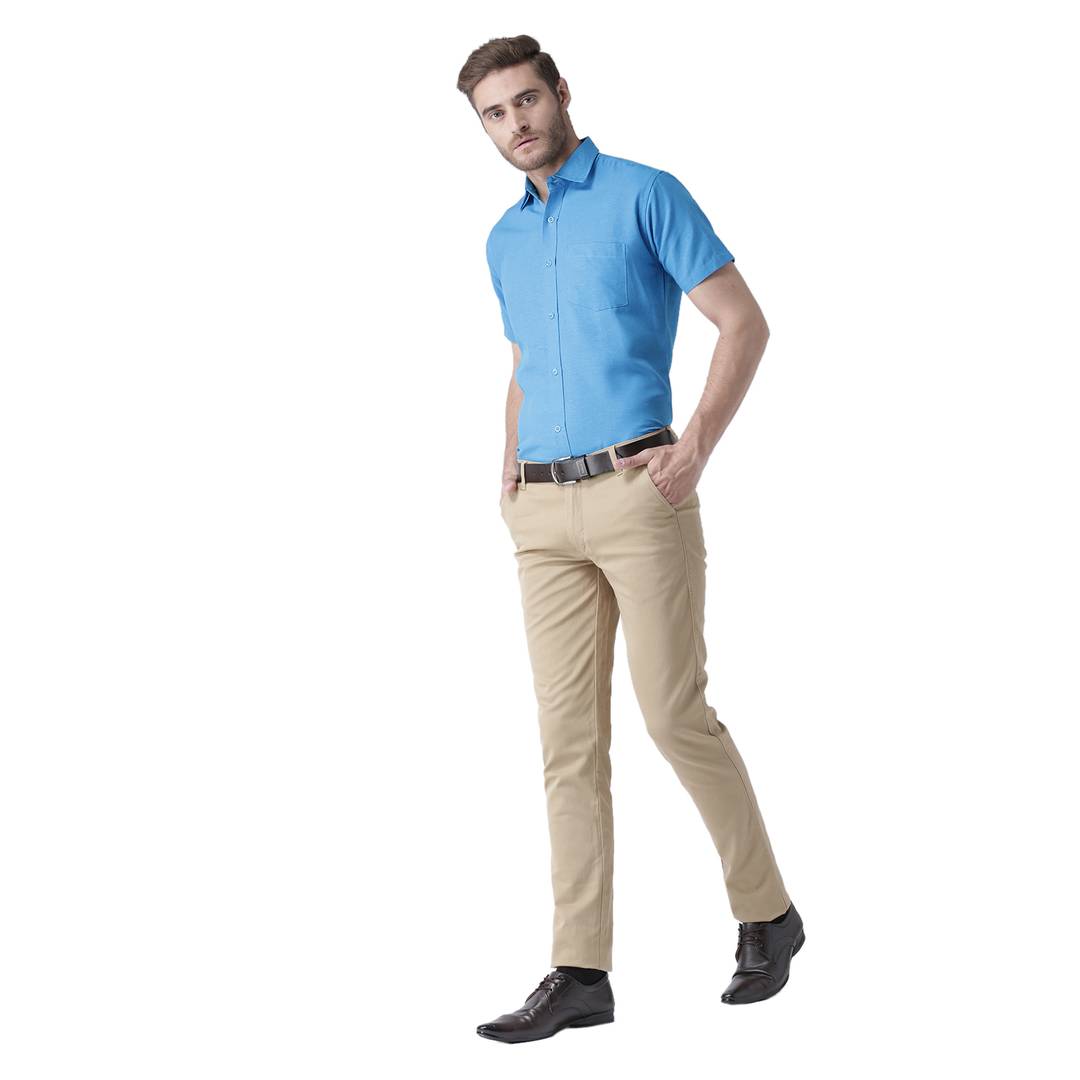 Blue Cotton Half Sleeve Solid Formal Shirt