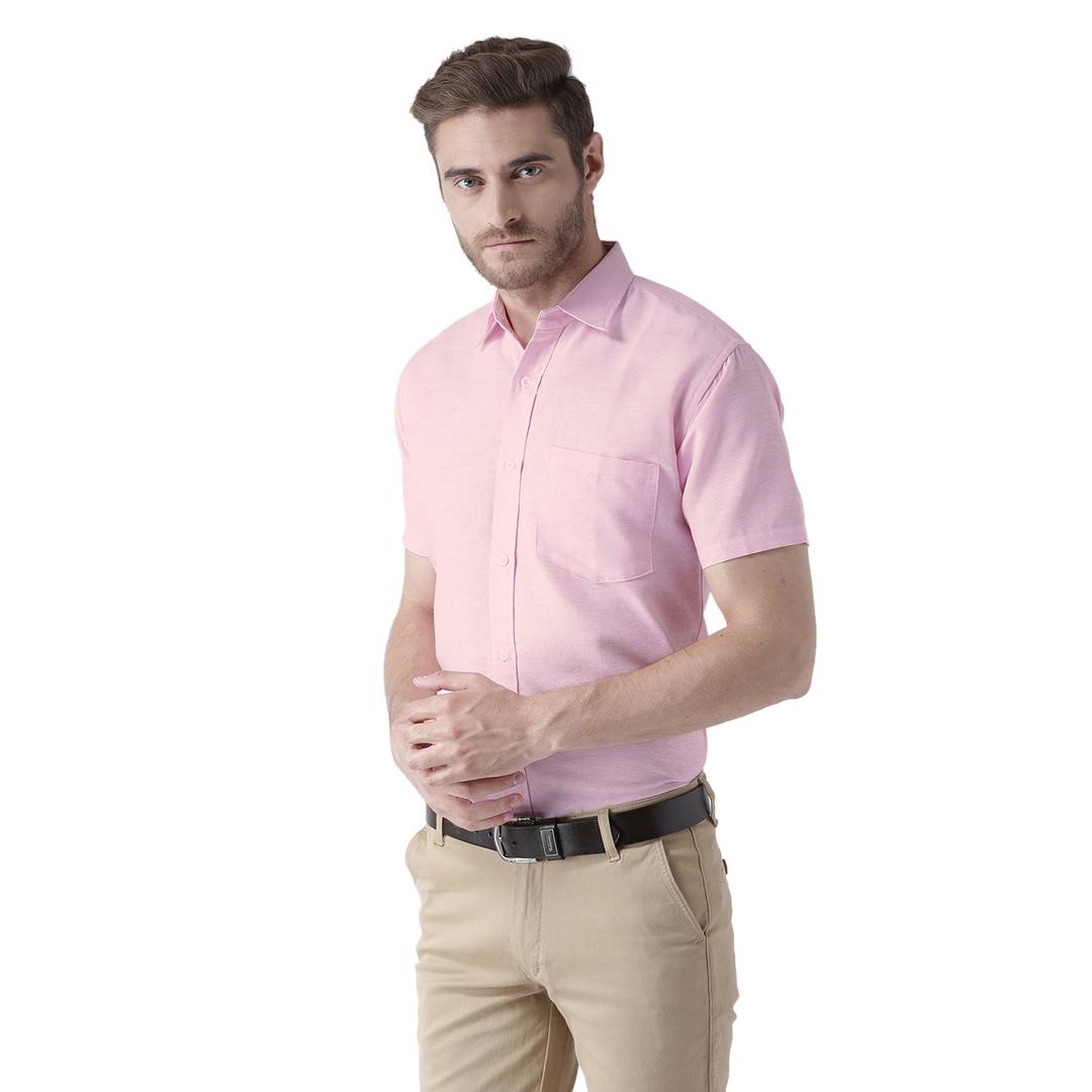Pink Cotton Half Sleeve Solid Formal Shirt
