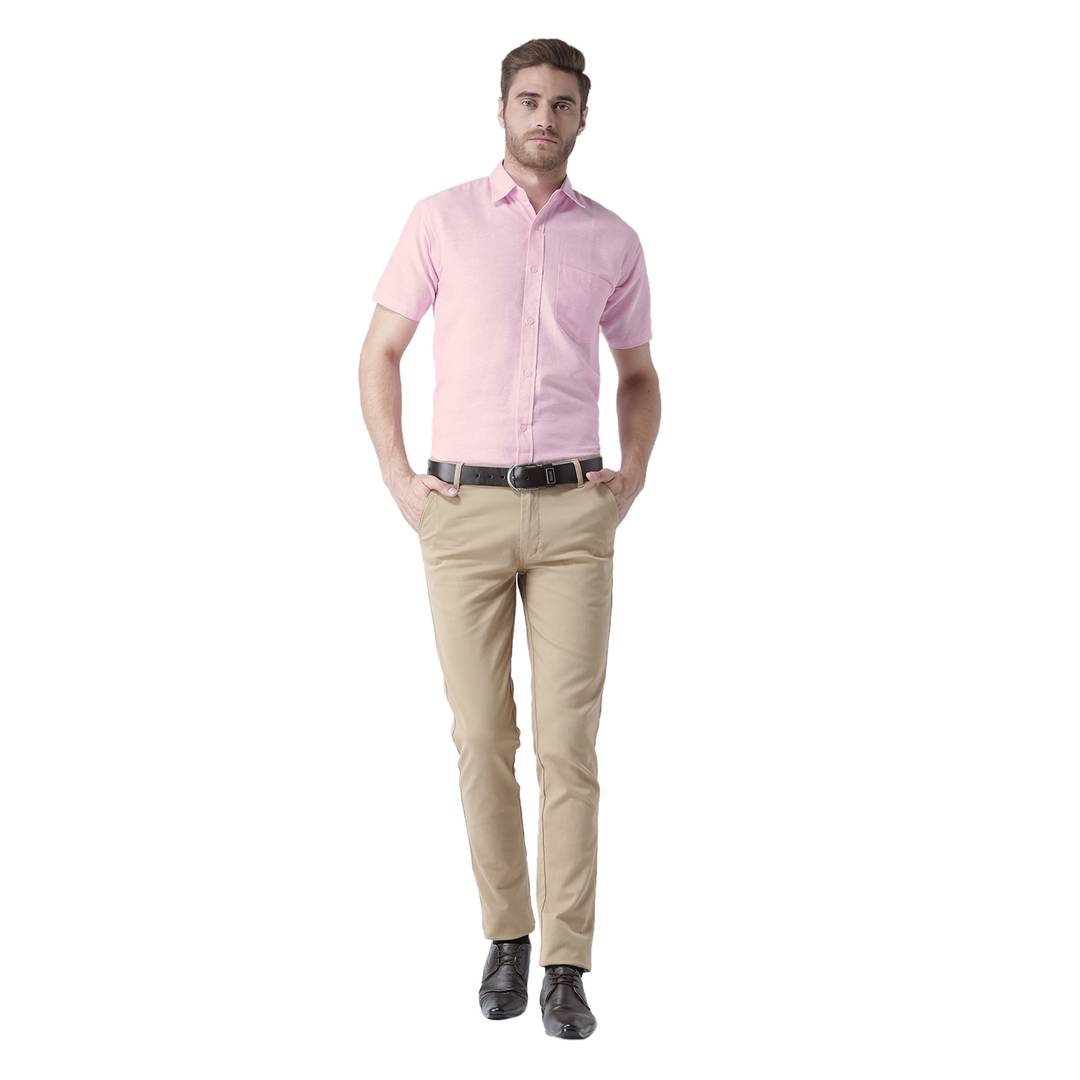 Pink Cotton Half Sleeve Solid Formal Shirt