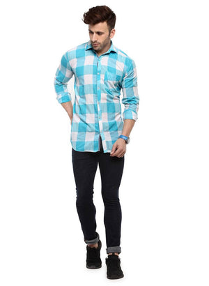 Hangup Turquoise Cotton Blend Checked Slim Fit Casual Shirt