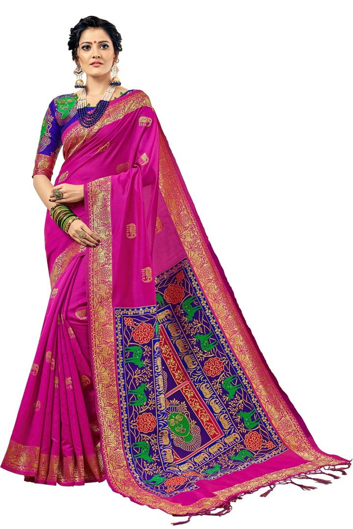Magenta Woven Design Silk Blend Banarasi Saree With Blouse Piece