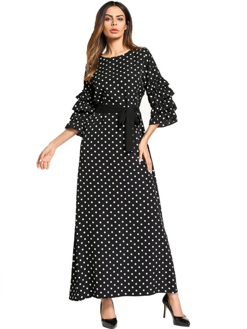 Ruffle Sleeve Tie Waist Polka Dot Print Long Maxi Dress