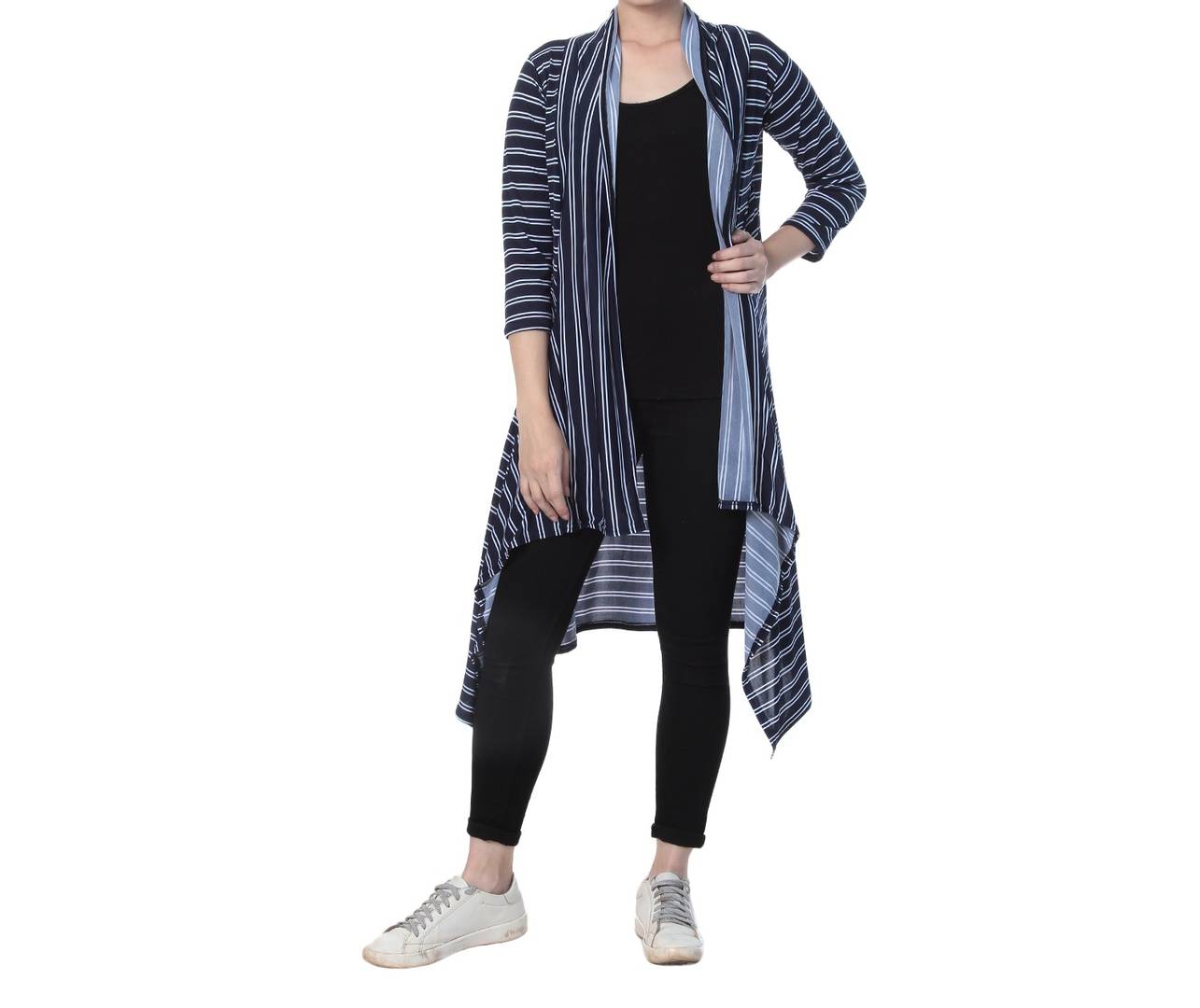 Black Cotton Striped Long Length Shrug