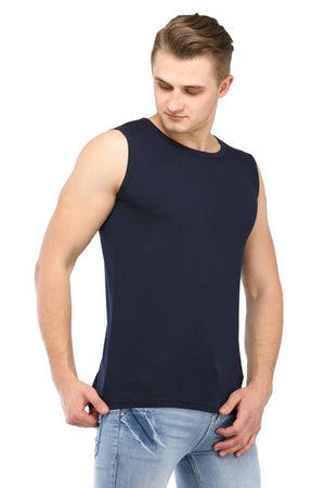 Navy Blue Solid Cotton Activewear Vest