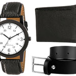 Black Black Strap White Dial Formal Wrist Watch With Black Wallet and Belt