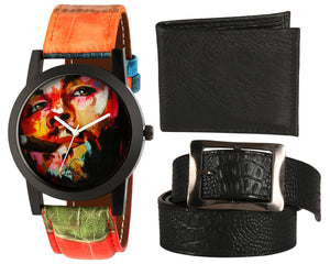 Multicoloured Funky Colorful Wrist Watch With Black Wallet and Belt