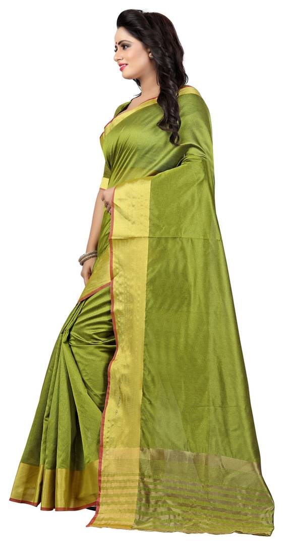 Green Solid Art Silk Saree with Blouse piece