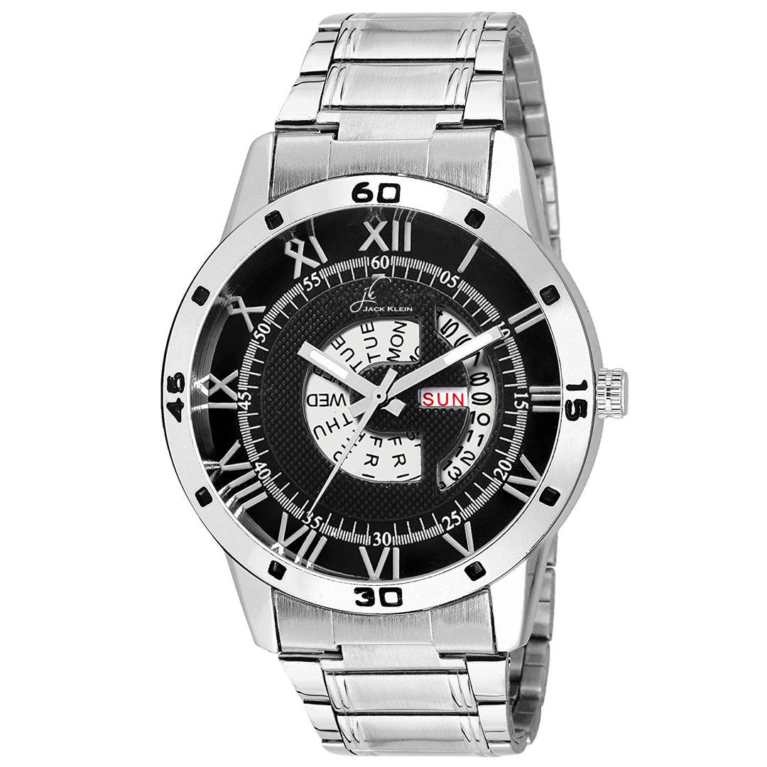 Black Dial Silver Steel Chain Day and Date Multifunction Chronograph Wrist Watch for Men