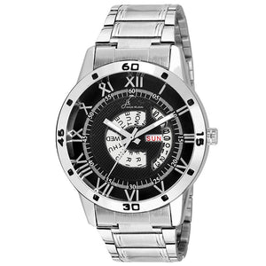 Black Dial Silver Steel Chain Day and Date Multifunction Chronograph Wrist Watch for Men