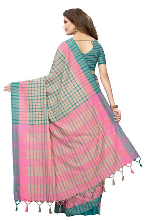 Turquoise Striped Cotton Silk Saree With Blouse Piece