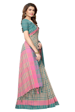 Turquoise Striped Cotton Silk Saree With Blouse Piece