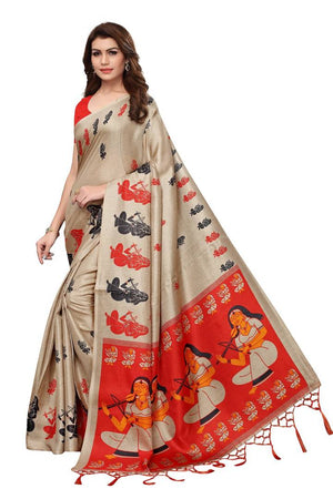 Stylish Beige Printed Khadi Silk Saree With Blouse Piece