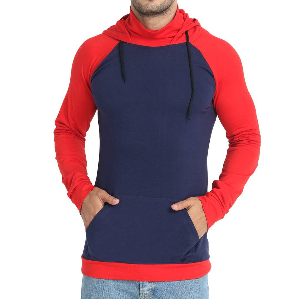 Men's Navy Blue Self Pattern Cotton Hooded T-Shirt