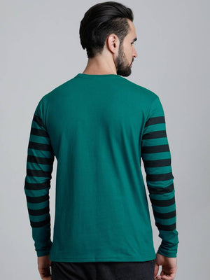 Dillinger Men's Green Striped Cotton Round Neck T Shirt