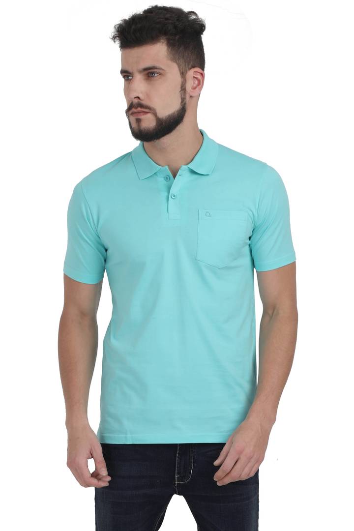 Men Turquoise Solid Cotton Polo T-shirt