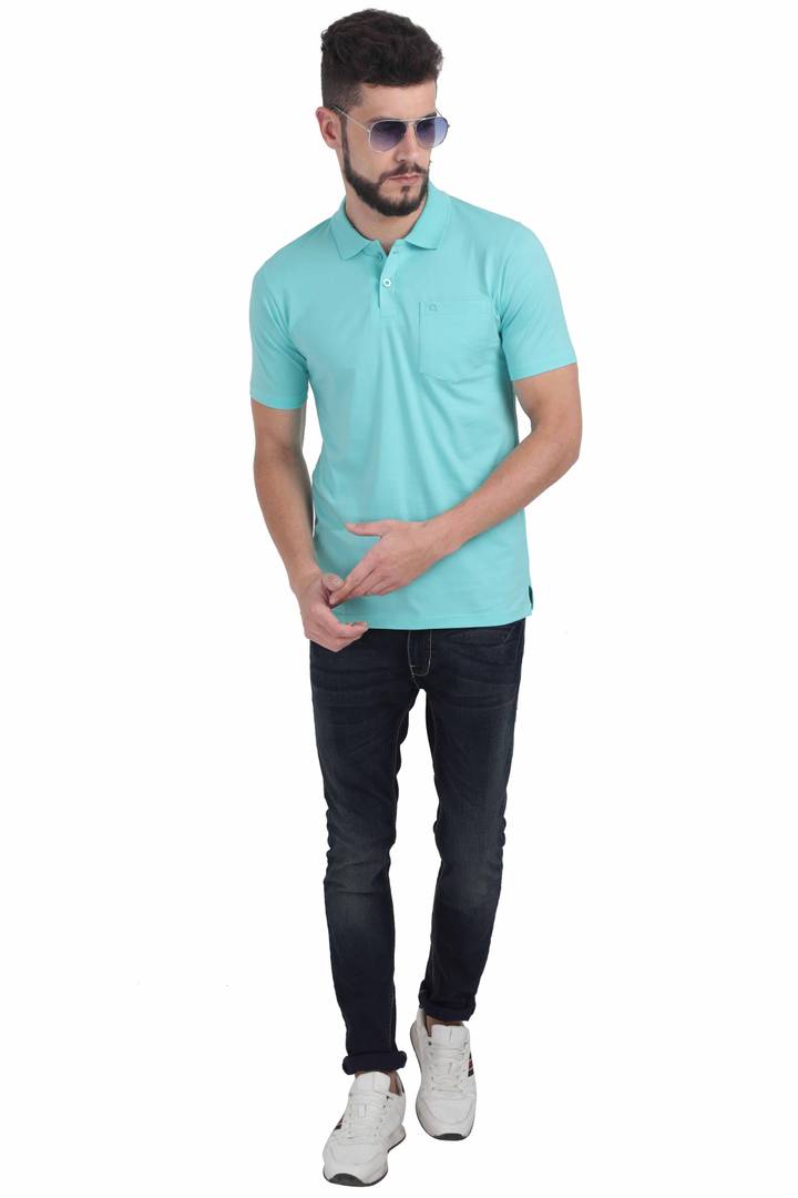 Men Turquoise Solid Cotton Polo T-shirt