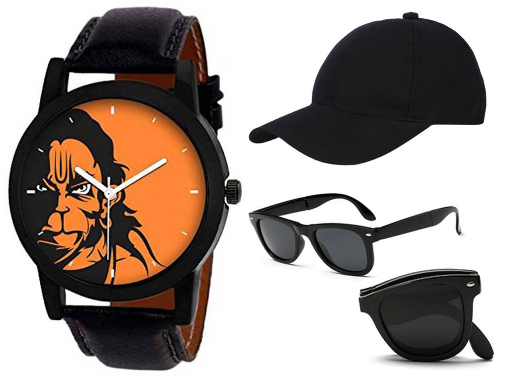Orange Dial Black Strap Boy's Analog Watch With Black Cap And Foldable Sunglass