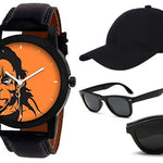 Orange Dial Black Strap Boy's Analog Watch With Black Cap And Foldable Sunglass