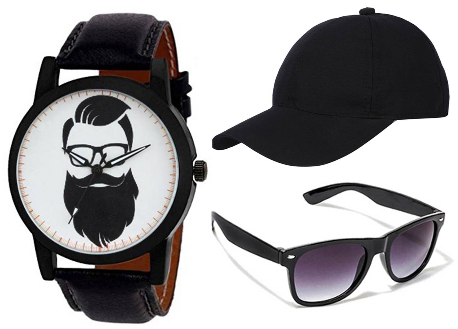 Black Dial Strap Boy's Analog Watch With Black Cap And Foldable Sunglass