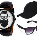 Black Dial Strap Boy's Analog Watch With Black Cap And Foldable Sunglass