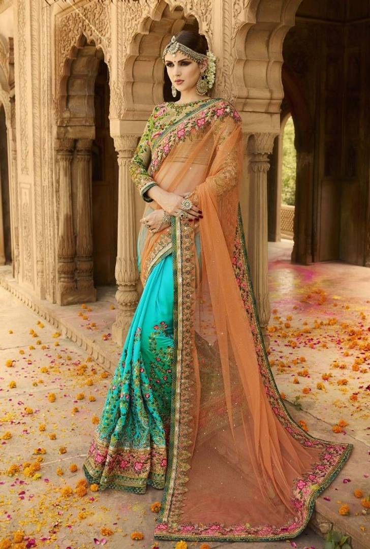 Designer Half Half Orange Color Net Bollywood Saree