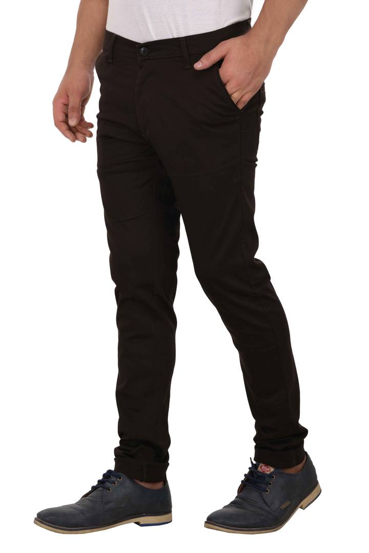 Coffee Stretchable Slim Fit Trousers For Men