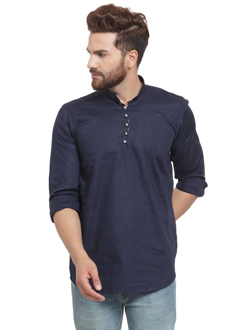 Navy Blue Cotton Solid Long Sleeves Casual Shirt