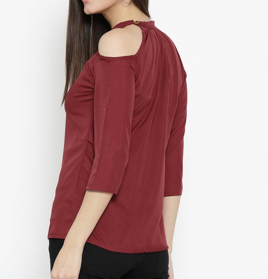 Maroon Solid Polyester Blend Blouse Top