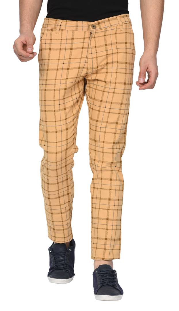 Brown Stretchable Slim Fit checked casual Trousers for Men's