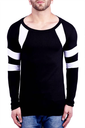 Black Cotton Self Pattern Round Neck Tees