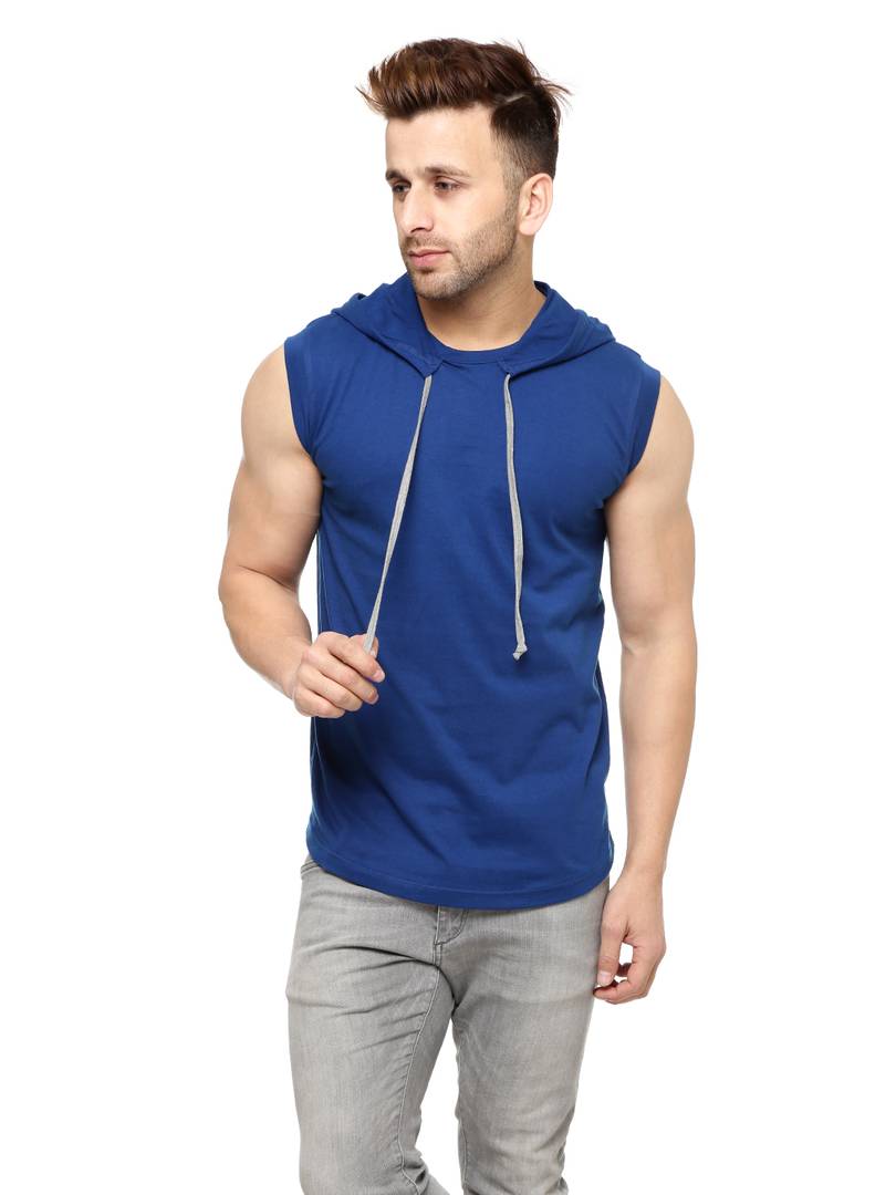 Blue Cotton Solid Hooded Tees