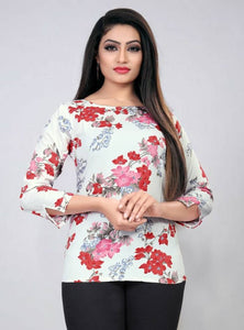 White Floral Printed Blouse Top