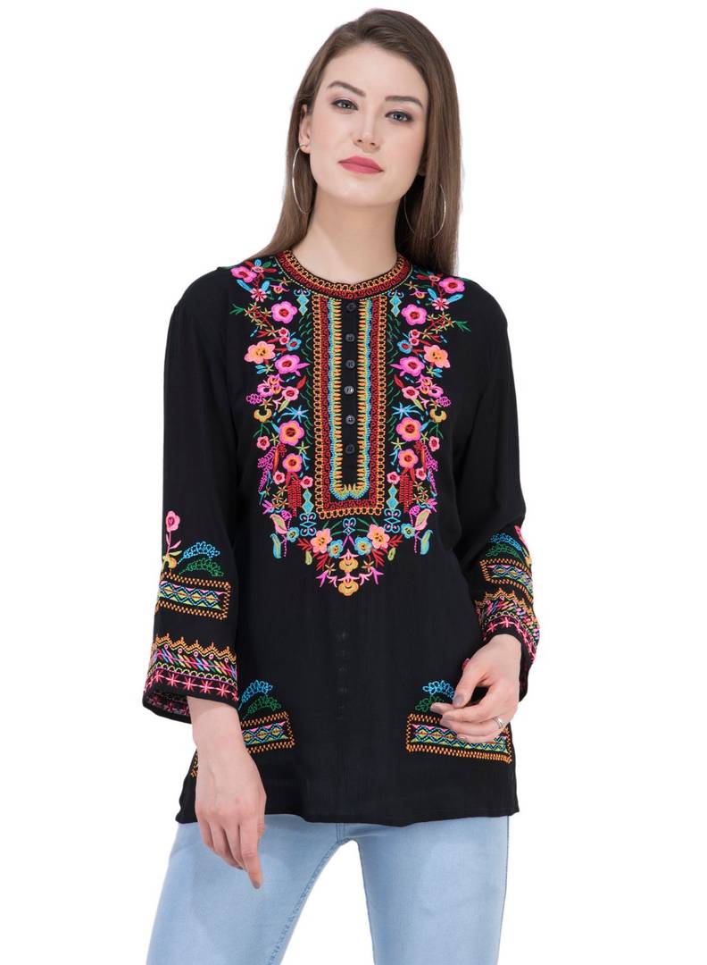 Women Crepe Black Embroidered Top
