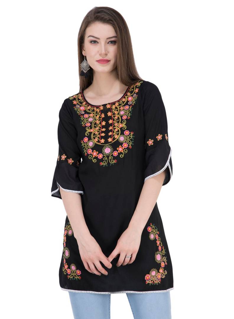 Women Rayon Black Embroidered Tunic Top
