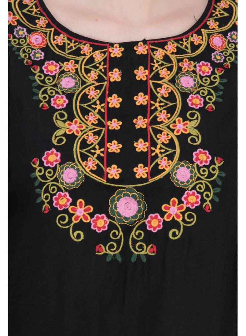 Women Rayon Black Embroidered Tunic Top