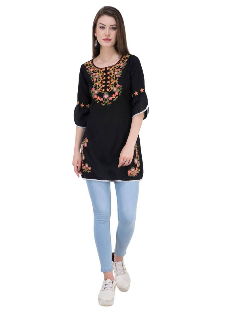 Women Rayon Black Embroidered Tunic Top
