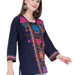 Women's Rayon Navy Blue Embroidered Tunic Top