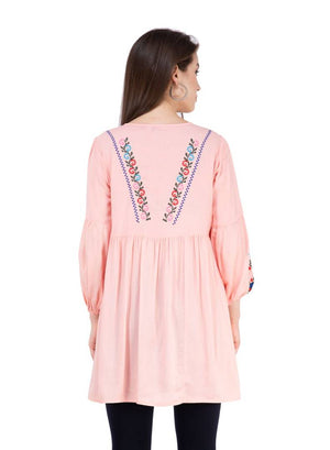 Women Rayon Pink Embroidered Tunic Top