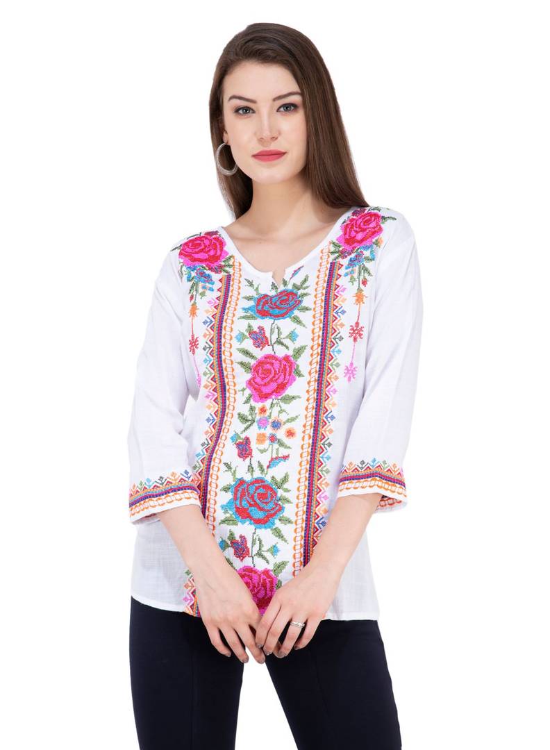 Women's Rayon White Embroidered Top