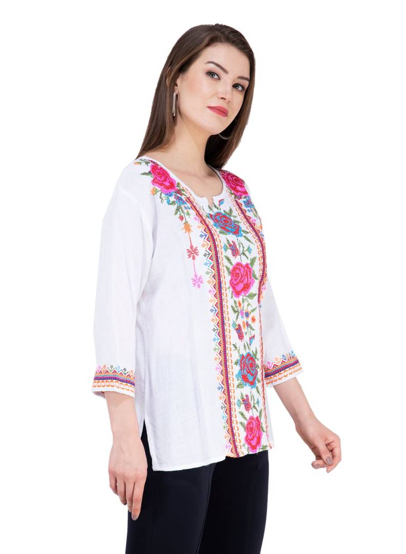 Women's Rayon White Embroidered Top