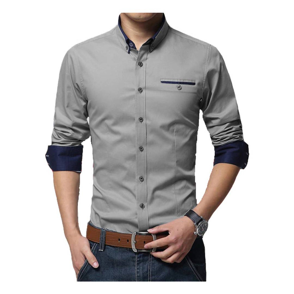 Grey Solid Cotton Slim Fit Casual Shirt