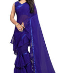 Blue Solid Georgette Ruffle Saree