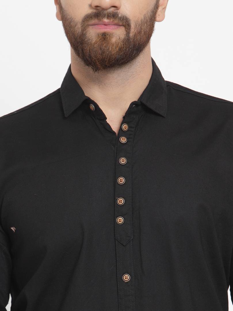 Black Solid Cotton Long Sleeves Casual Shirt
