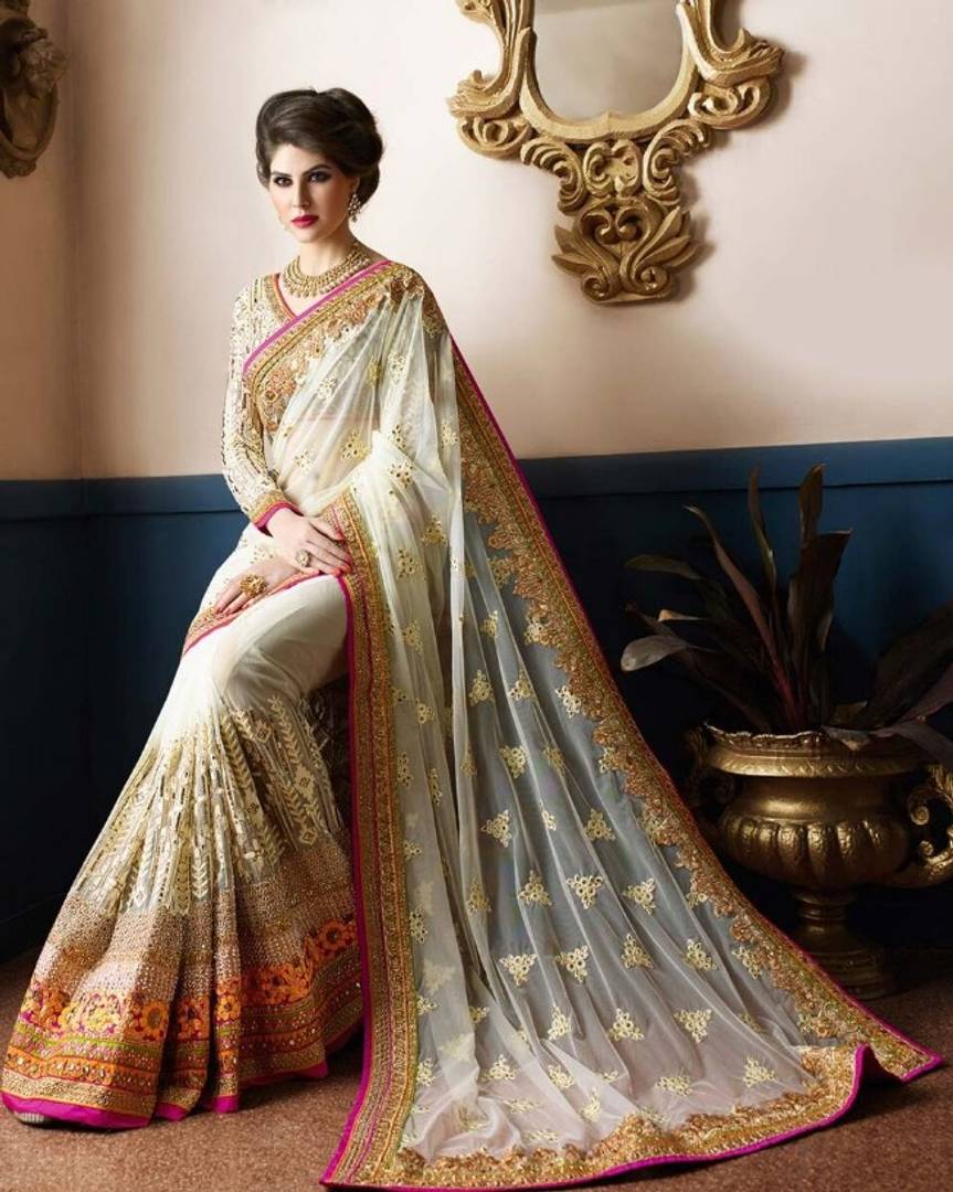 Designer Half Half White Color Net And Georgette Bollywood Saree
