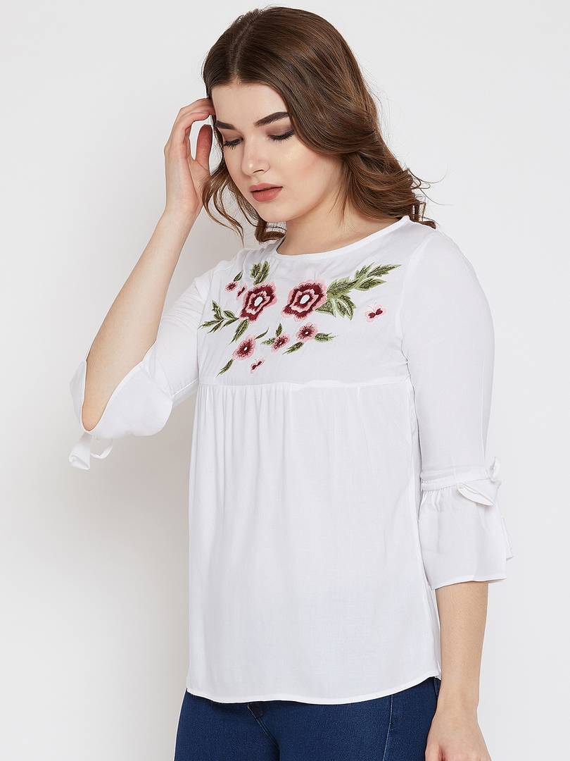 White Embroidered Viscose Rayon Top