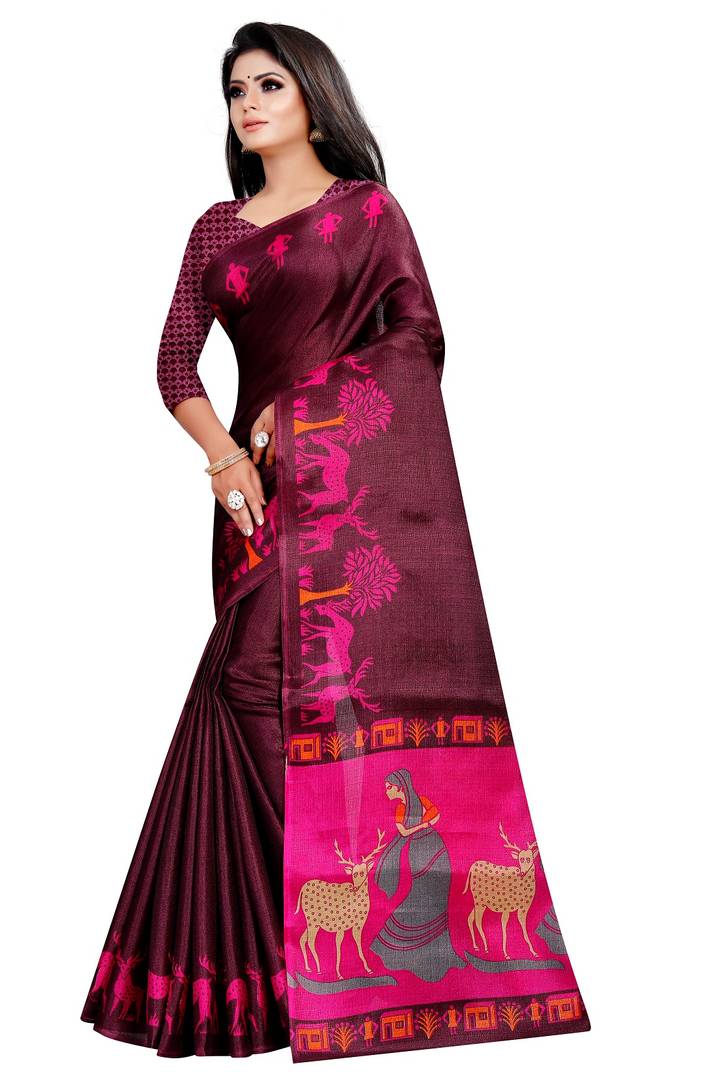 Purple Printed Khadi Silk Saree with Blouse piece