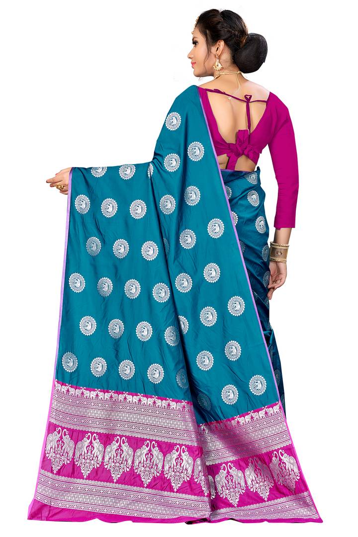 Blue Woven Design Silk Blend Saree with Blouse piece