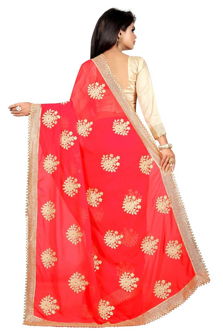 Pink Georgette Embroidered Saree With Blouse Piece
