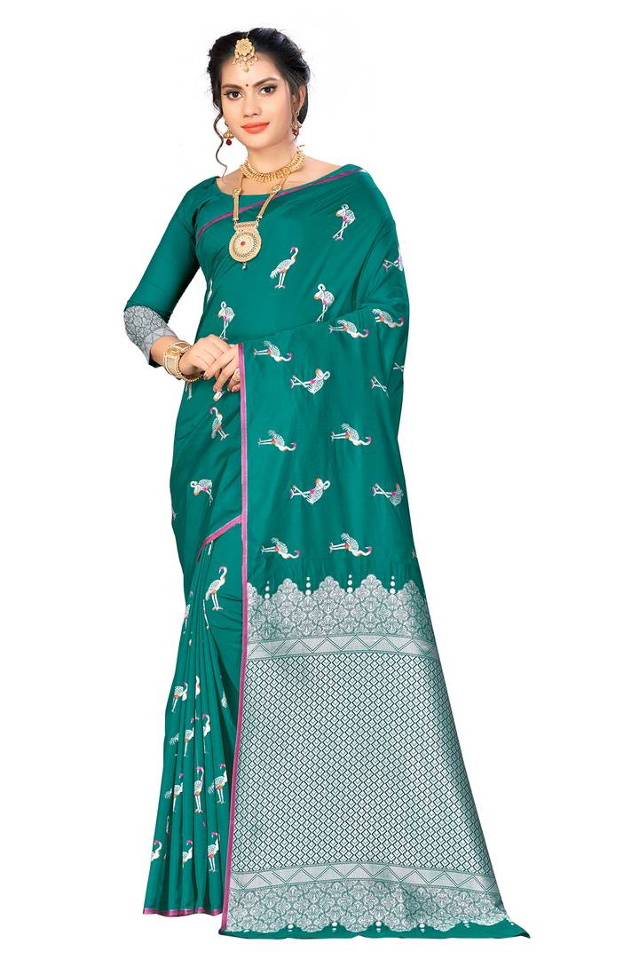 Green Woven Design Silk Blend Saree with Blouse piece