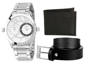 Combo Of White Dial Metal Quartz Watch & Get Black Wallet With Black Belt Free